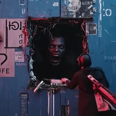 AI generated video: Behind the hole in the blue metal wall is a creature called Cirasuna. Its life is depicted with stra...
