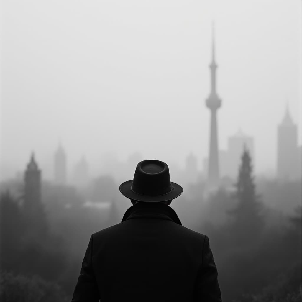 AI generated:  high definition black n white - camera shot from behind- man wearing black coat and  hat wakes up