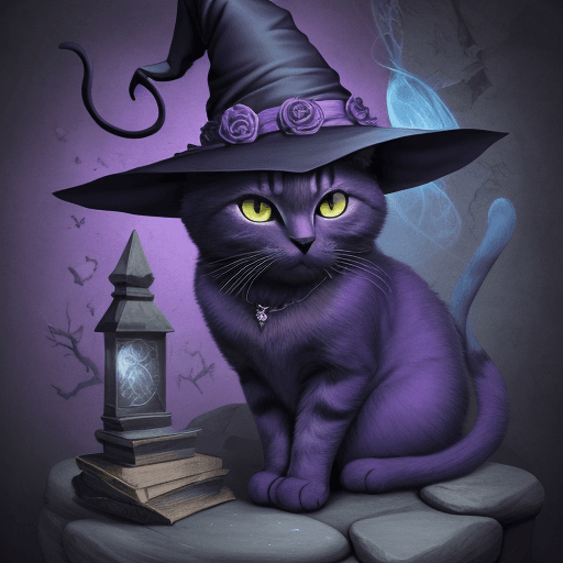 AI generated: witch craft, illüstration, draw, cat, stone, wallpaper, blue, purple 
