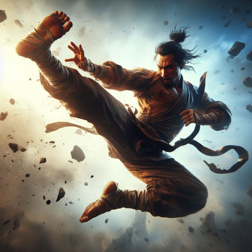AI generated: Shaolin monk engaged in combat, jumping high in the air to deliver a flying kick, Dynamic, action-pa...