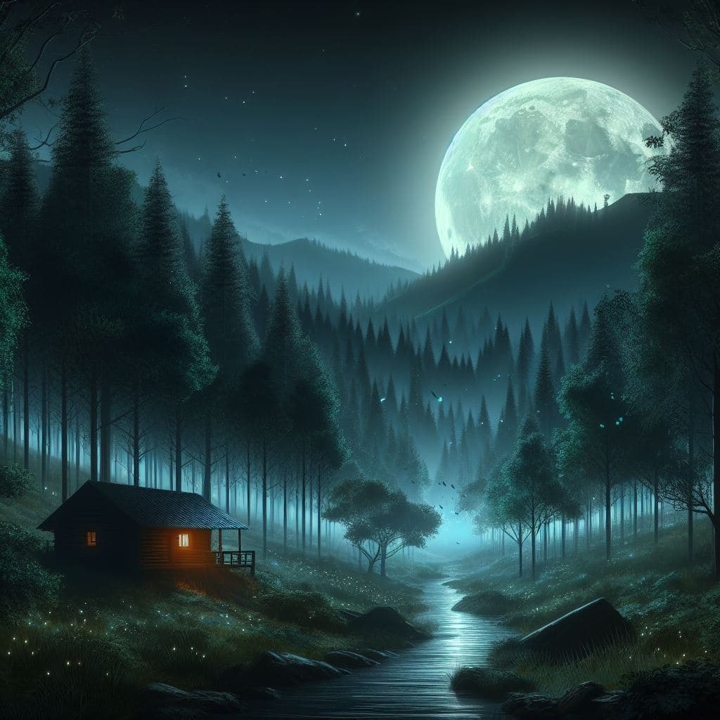 AI generated: Dark forest , a river , big moon , full of trees , a small hut, mountain in backside, night view, bi...