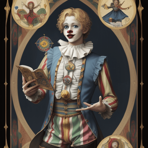 AI generated: 1boy, masterpiece, bestquality, 1male, adult, thefool(tarot), bard, clown, symbolism, visualart, occ...