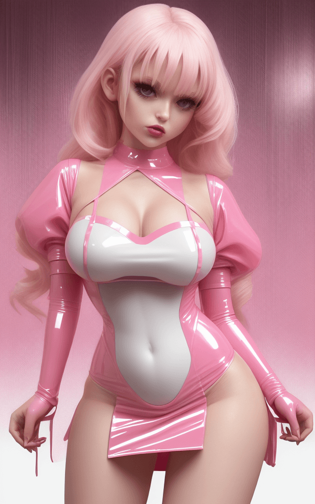 AI generated: high-resolution glitchcore, full-close photo of an attractive dd-cup woman wearing a pink latex mini...