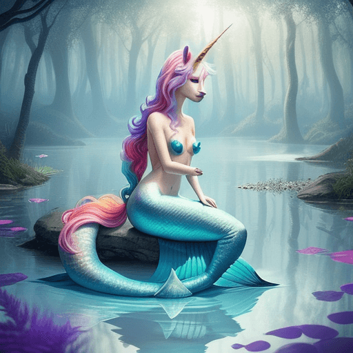AI generated: Create a scene where a unicorn is sitting peacefully, but with a mermaid tail, in an enchanted clear...