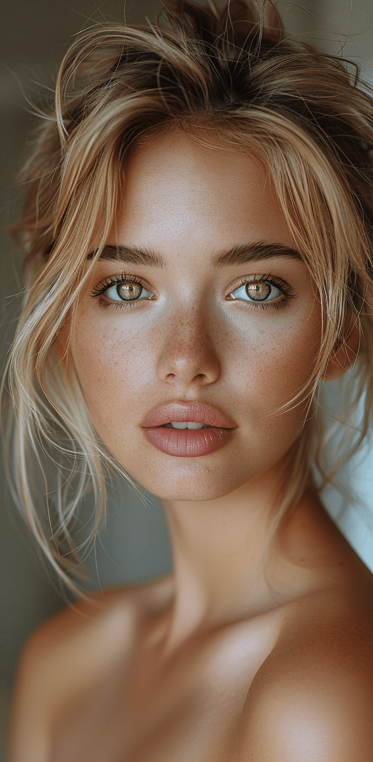 AI generated: Close-up portrait of a beautiful woman with blonde hair, hazel eyes, smooth skin, thin lips, and thi...