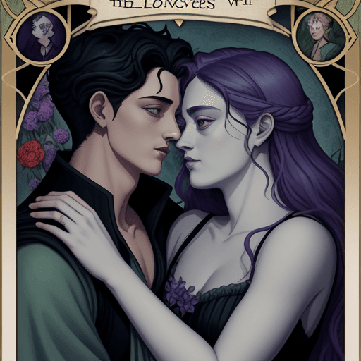 AI generated: a queer cottage core style tarot card of the lovers, not realistic, hades and persephone vibes