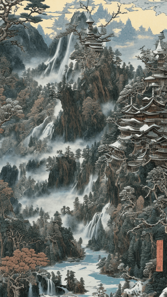 AI generated: winter landscape, bleached colors, the waterfall, fog over the lake, insanely detailed and intricate...