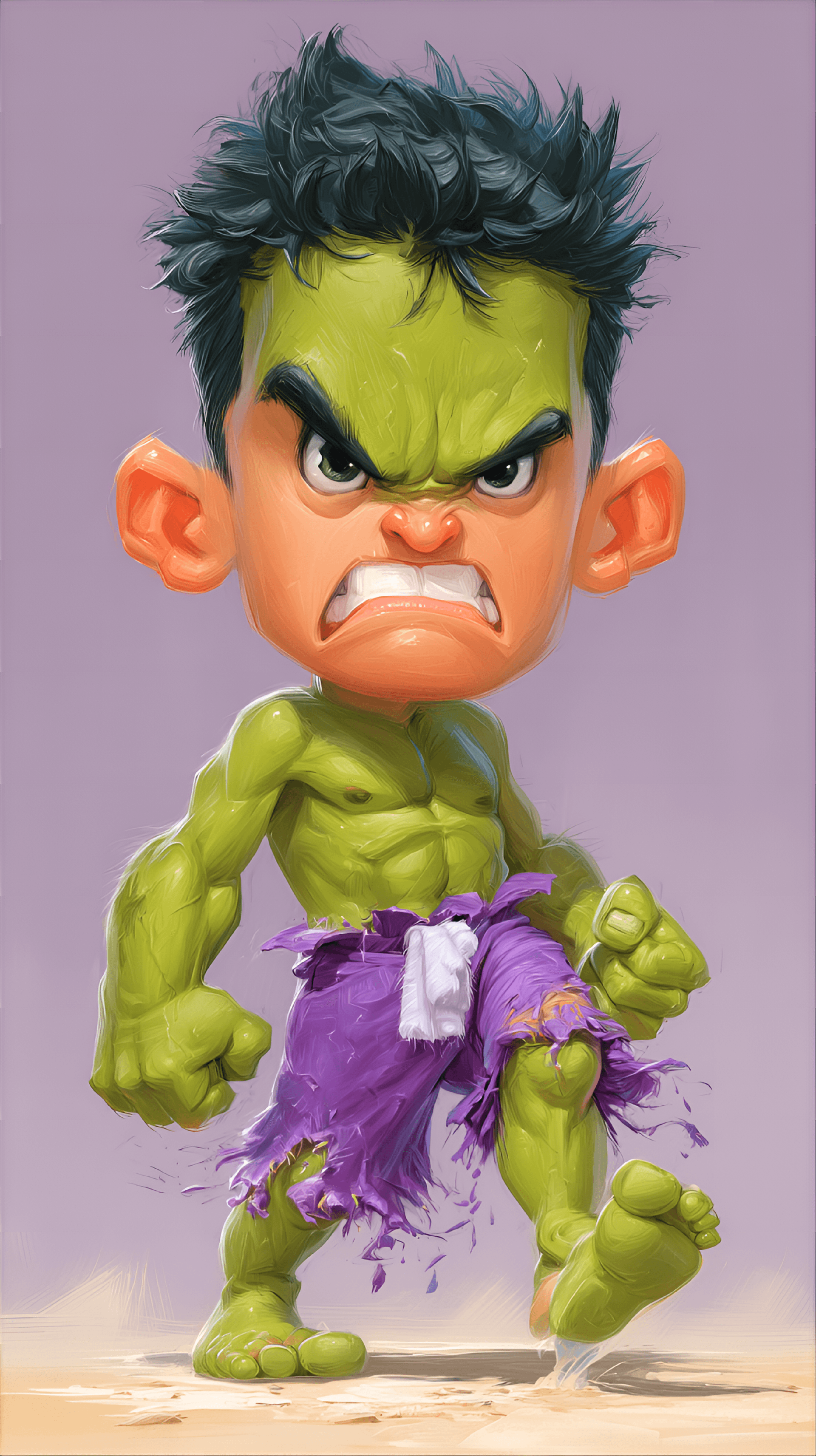 AI generated: funny caricature, tiny toddler hulk caricature, young green male, 4 years old, with muscular build, ...