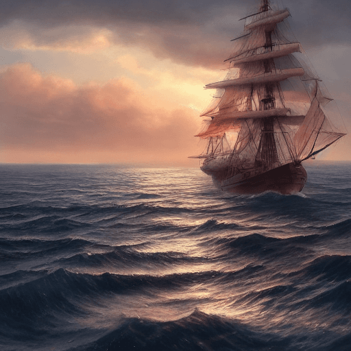 AI generated:  ultra realistic sailing ship, dramatic light, pale sunrise, cinematic lighting, battered, low angle...
