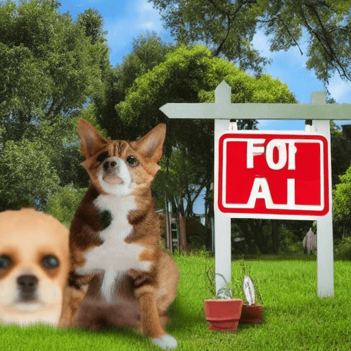 AI generated: house with person in front with a dog and a cat next to them. The house has a big sign that says "FO...