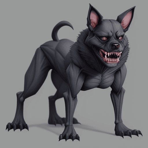 AI generated: Draw a terrifying dog with a humanoid shape. This creature should have the general body structure of...