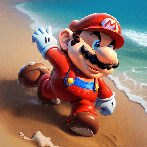AI generated: Mario from Super mario, stomping on a goomba, beach background, 4k resolution, low angle, realistic 