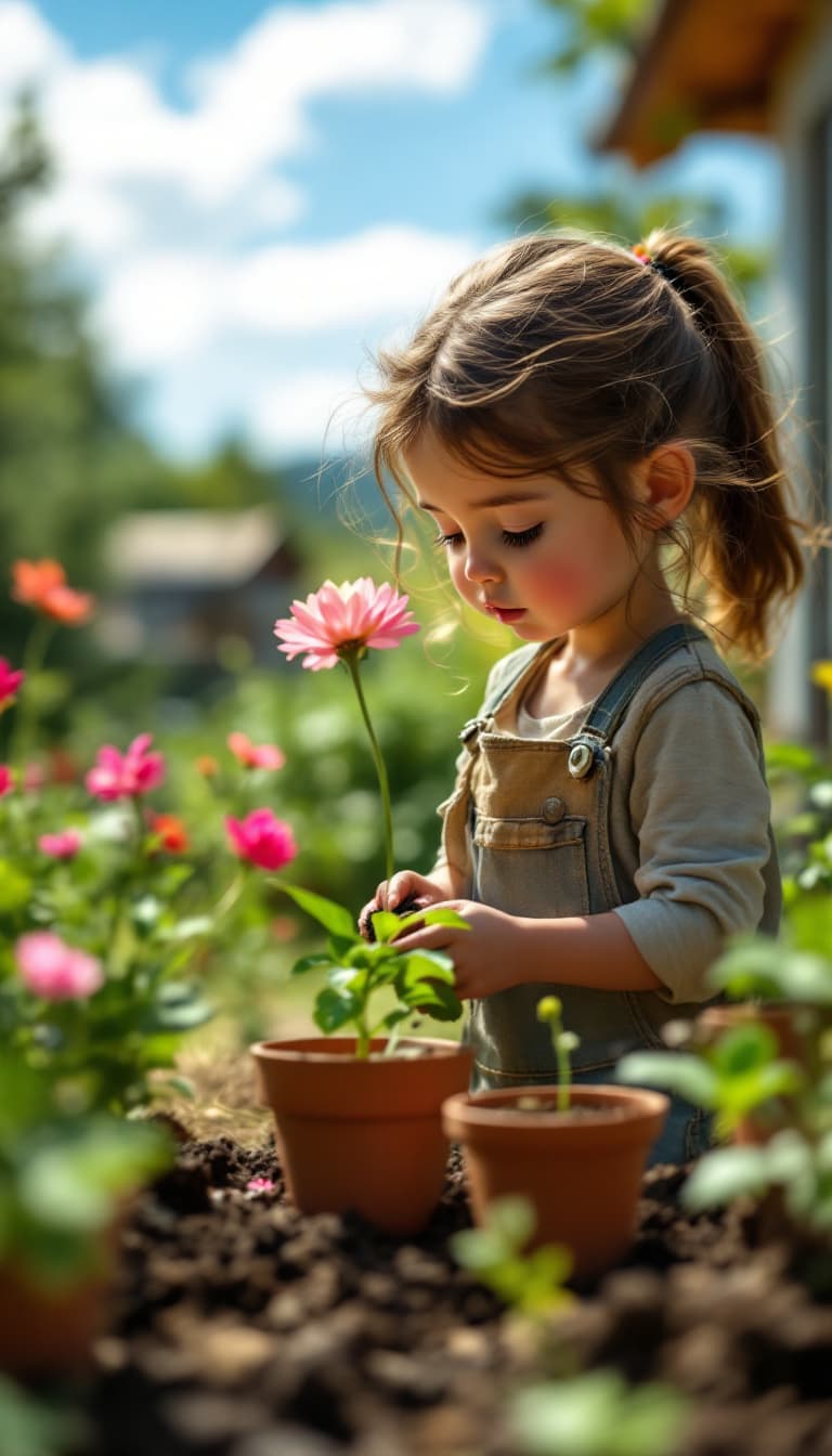 AI generated: a close-up of young Emily, planting the little pot, outside in her garden. She stands back, sighing.