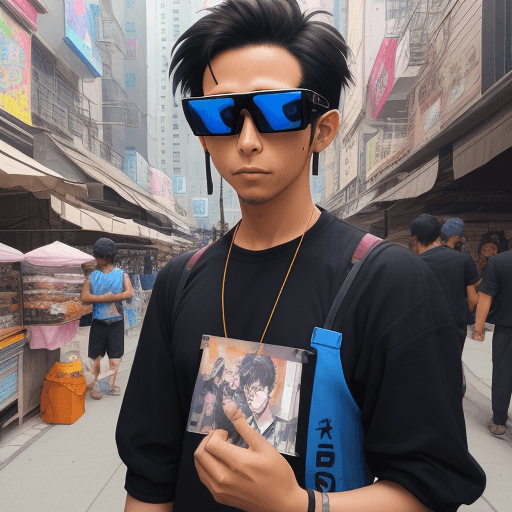 AI generated: anime male street vendor with augmented reality glasses on
