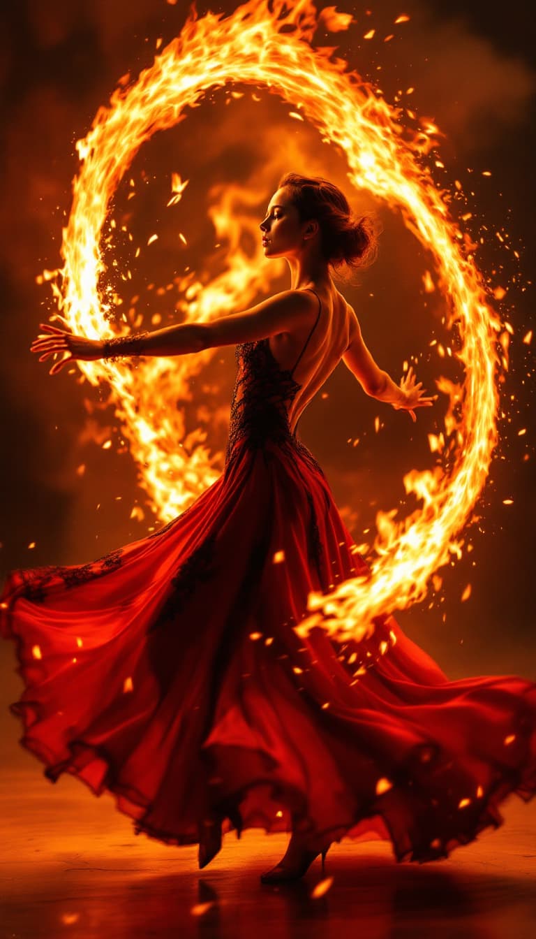 AI generated: "Inferno's Embrace: A Dance of Fire": A live-action film scene captures a female dancer, shot at a 4...
