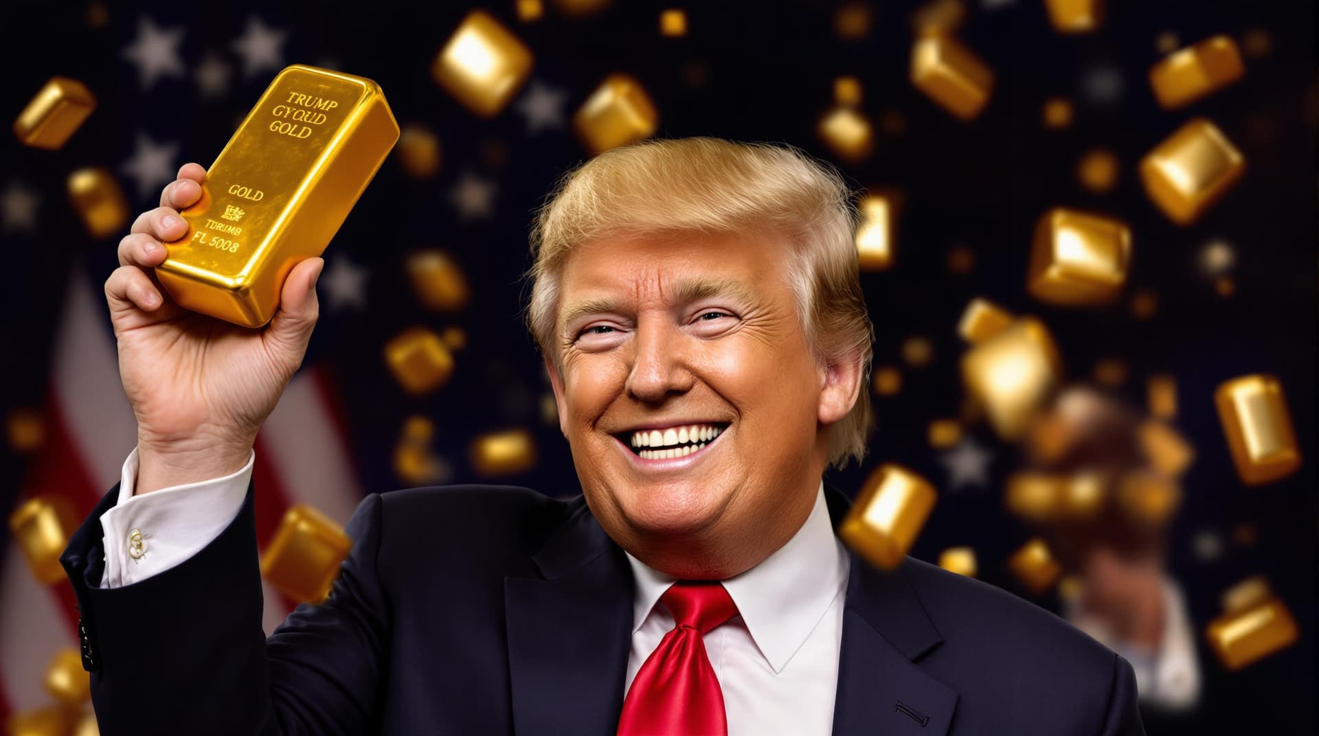 AI generated: trump holding gold bars raised in the air with a confident smile