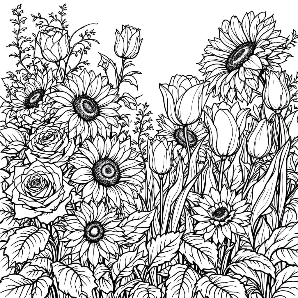 AI generated: Coloring book page,	A garden of blooming roses, sunflowers, and tulips, "with no color"