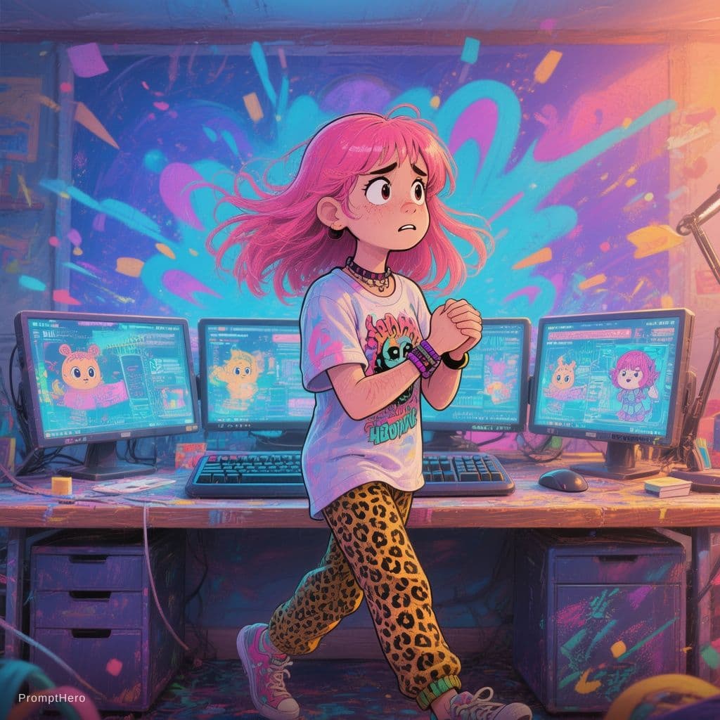 AI generated: An image of a girl walking back and forth in front of her desk, wringing her hands. She has pink hai...