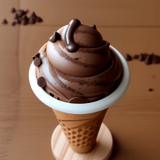AI generated: a chocolate ice cream have chocolate chip on it,
on a wooden table, 