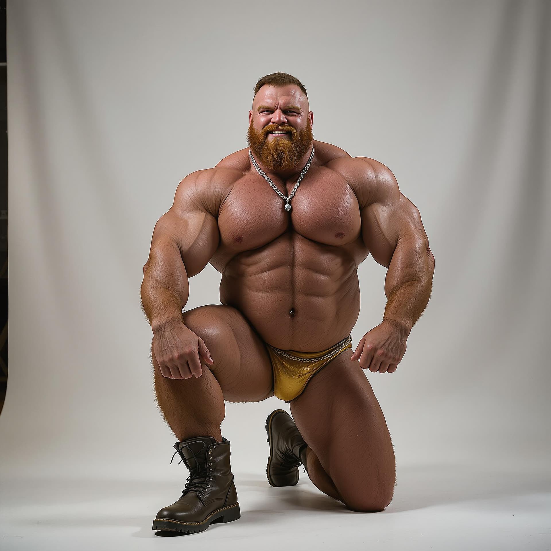 AI generated: Cinematic Photo, a whole body cinematic photo of a extreme big German bodybuilder, wear very tiny go...