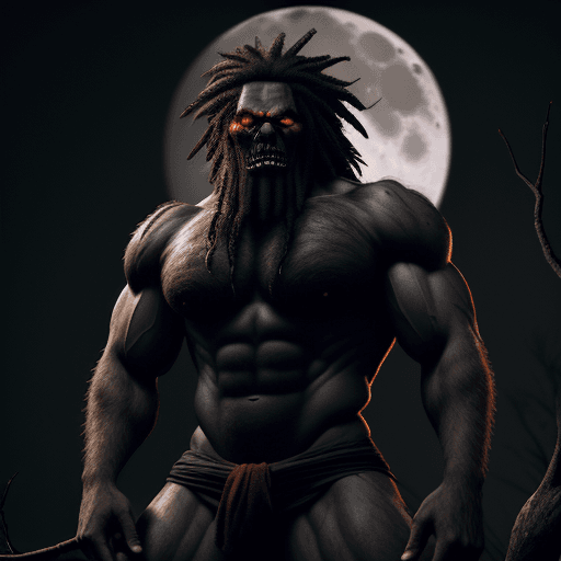 AI generated: scary, black hairy body and red eyes and muscular giant smoking tobacco on a branch of a tree, full ...