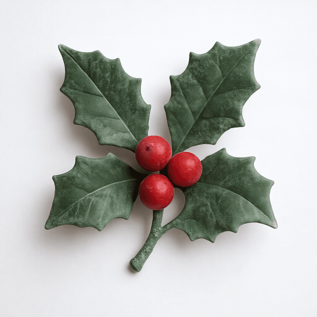 AI generated: 3D holly branch with red berries, lightly frosted