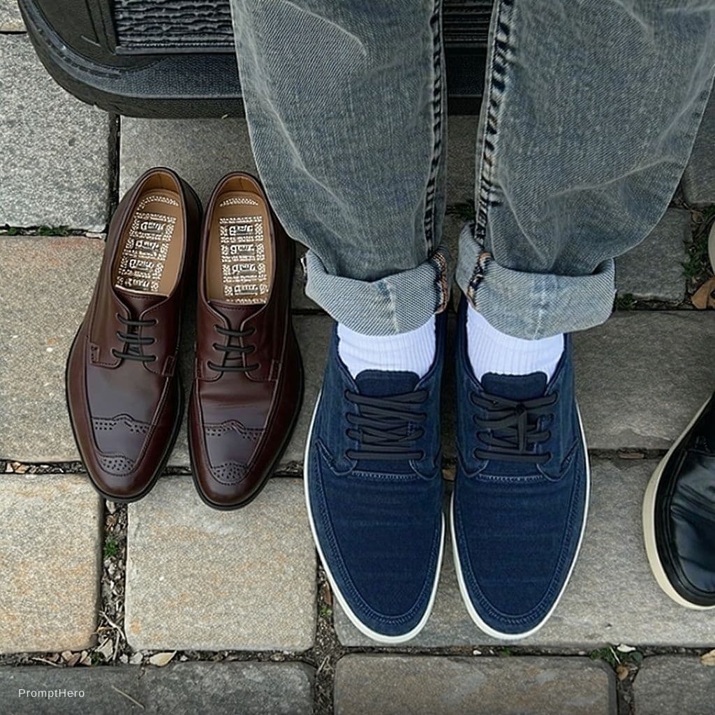 AI generated: The person who is on the left side change his shoes to be the uploaded shoes