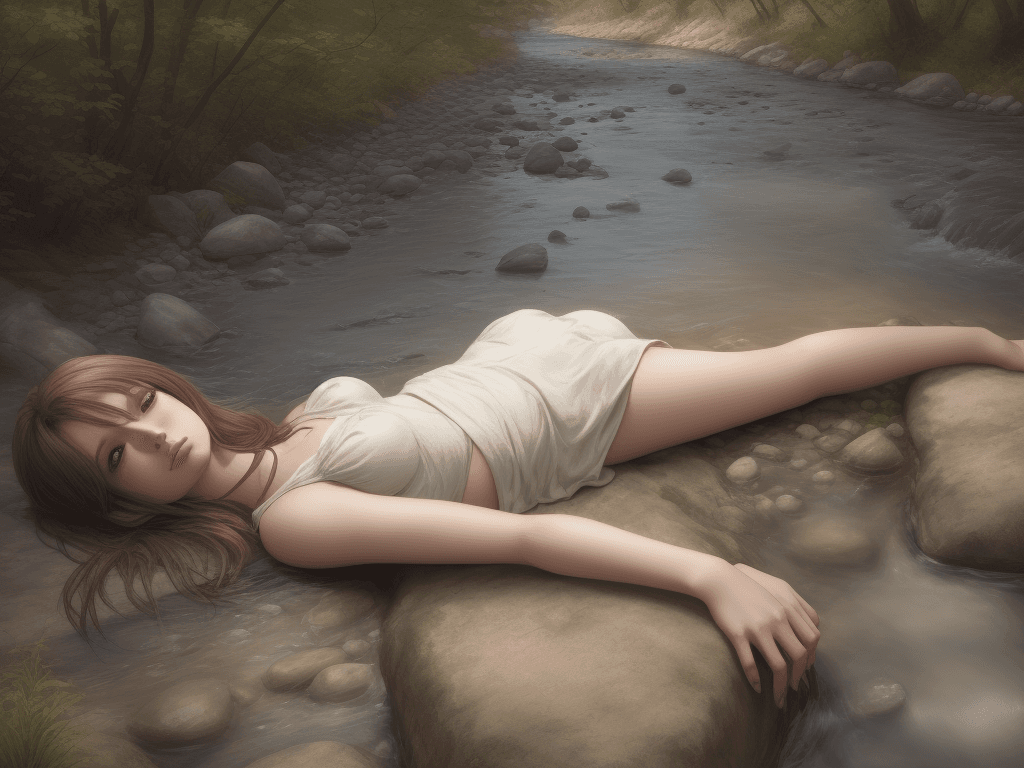 AI generated: a photorealistic girl lying near a river bed