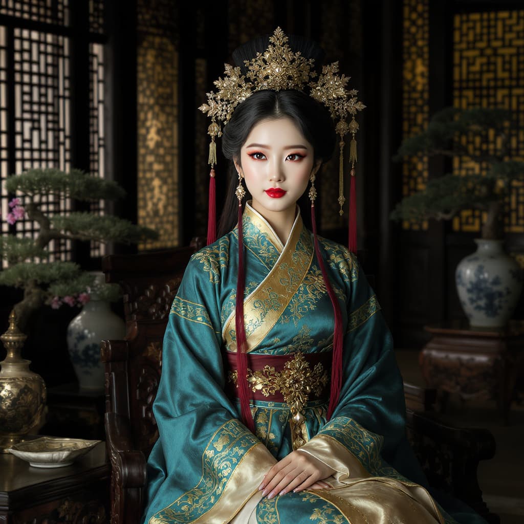 AI generated: A full-body photorealistic portrait of an exquisitely beautiful, regal East Asian noblewoman standin...