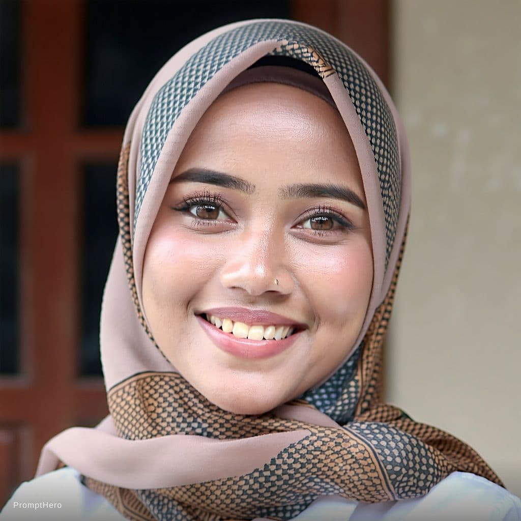 AI generated: a Indonesian woman with a warm and friendly smile. She has an oval face shape, soft facial features,...