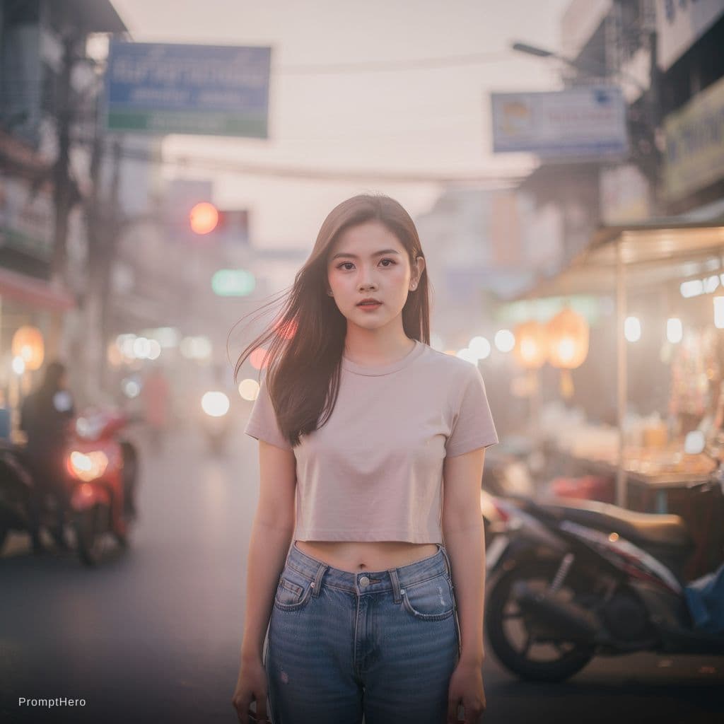 AI generated: a Thai girl wearing a cropped top and jeans standing in front of the street of Bangkok, in the style...