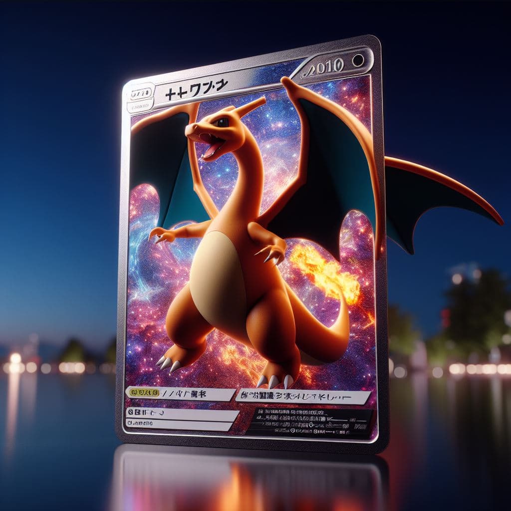 AI generated: A SHINY RARE CHARIZARD Japanese Pokémon CARD with elegant features in the style of a Japanese Pokémo...