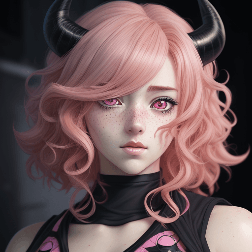AI generated: anime style, Handsome woman with pink medium length curly hair, freckles, revealing her too big deep...