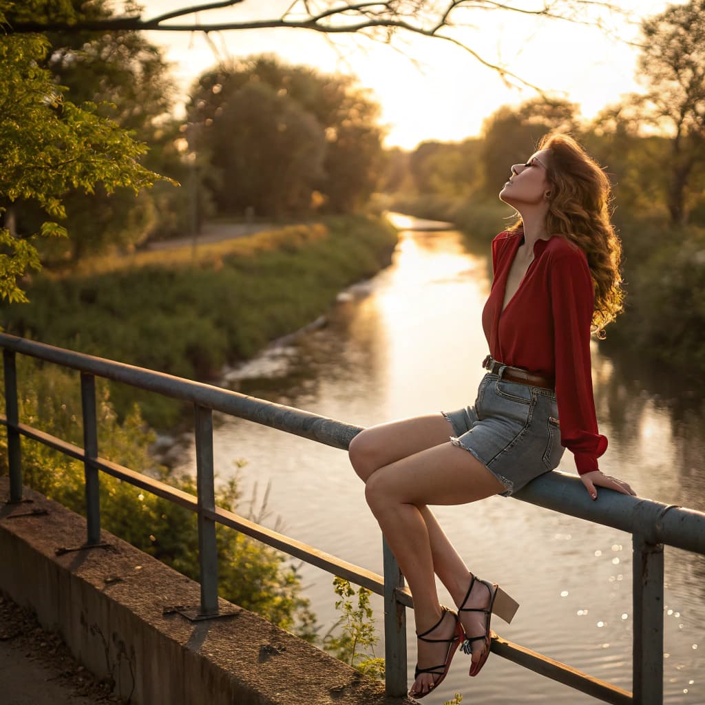 AI generated: A woman sits on the railing of a bridge overlooking a serene creek, its waters reflecting the warm s...