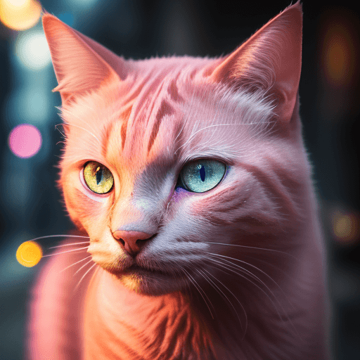 AI generated:  Portrait photo of pink cat with fill of lightening colors, fierce eyes, light bokeh, intricate, (st...
