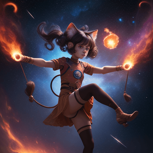 AI generated: cinematic young beautiful pretty and cute female with a monkey tail, big eyes, kitty ears and carre ...