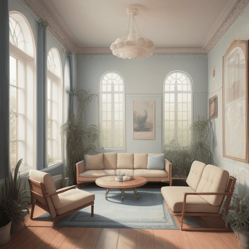 AI generated: High resolution photography interior design, dreamy sunken living room conversation pit, wooden floo...