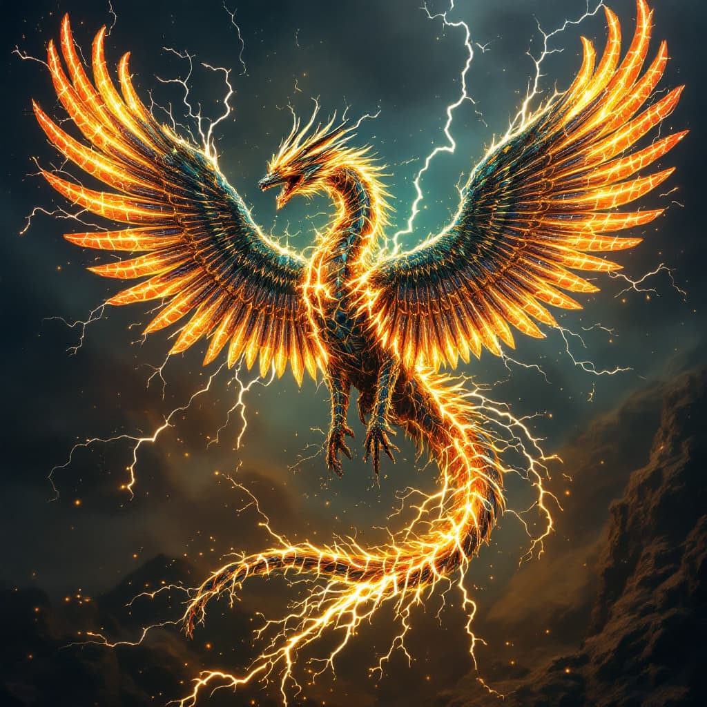 AI generated: Quetzalcoatl with it's wings made of lightning.