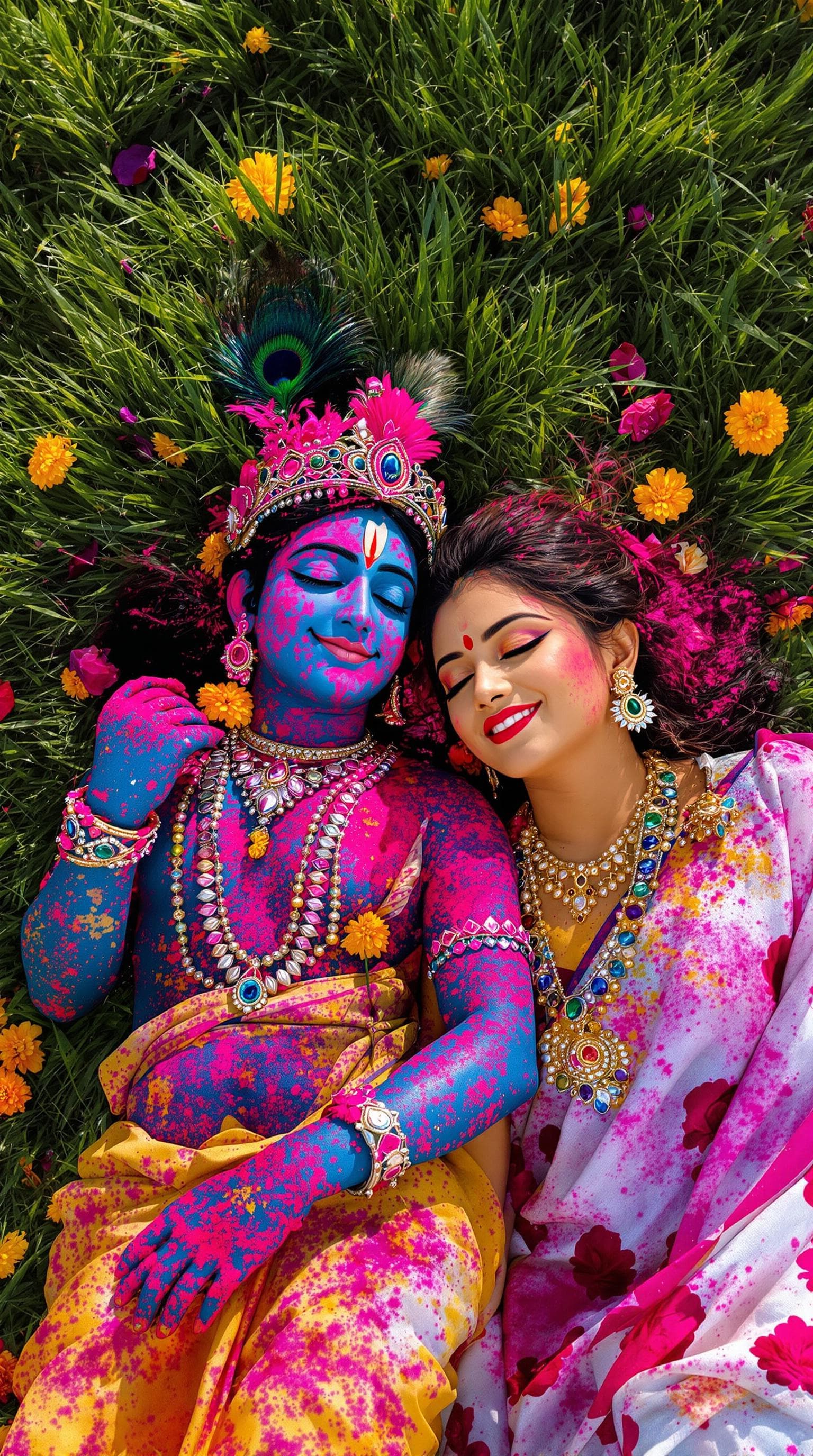 AI generated: Ultra-realistic 8k photo of Lord Krishna and Radha lying side by side on lush green grass, their bod...