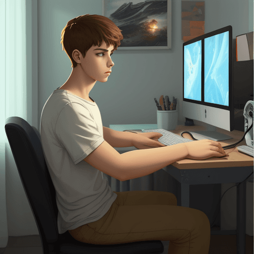 AI generated: young man, siting at computer in room, art style, 4 meters