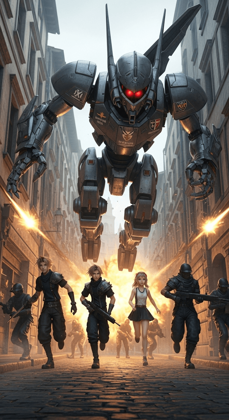 AI generated: Escena hiperrealista de la batalla contra el robot araña X-ATM092 en las calles de Dollet, inspirada...