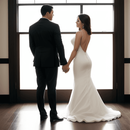 AI generated: couple in a room, holding hands, full body, side by side, latinos, formal style