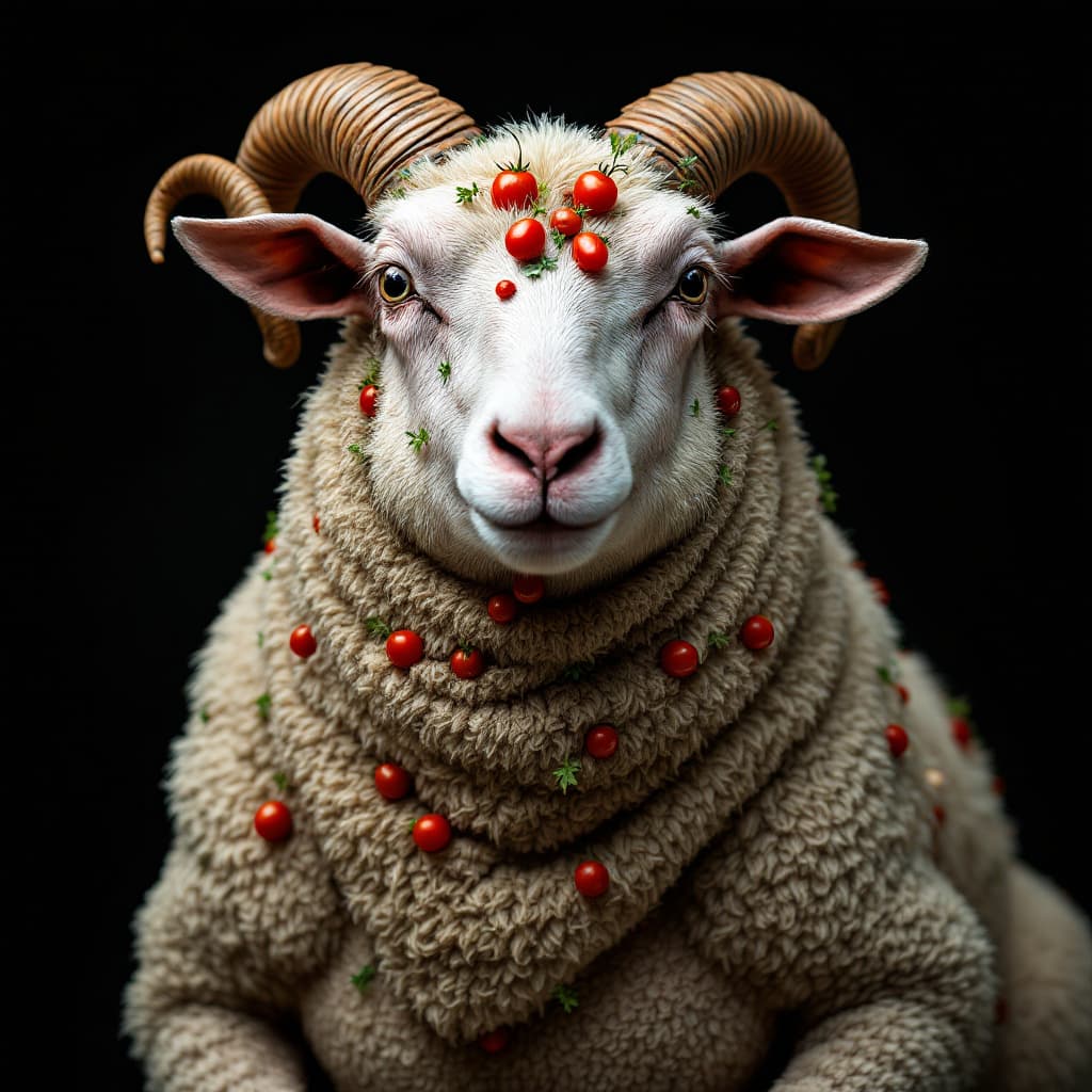AI generated: photo close up, studio portrait, hairless big fat sheep thin lines tattooed with tomatos with  full ...