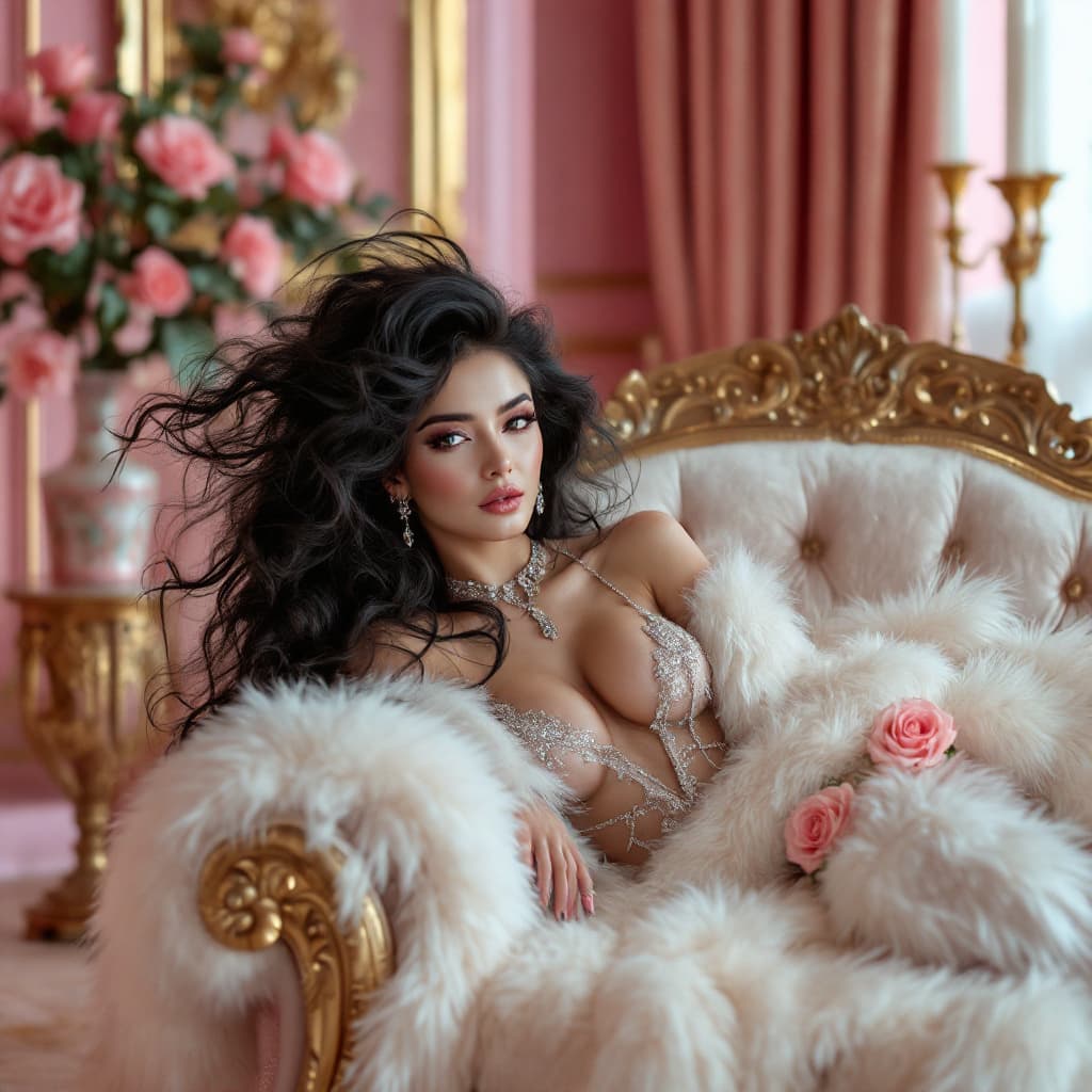 AI generated: cinematic shot, glamorous Asian mistress reclining on a sofa in her luxury pink and gold apartment w...
