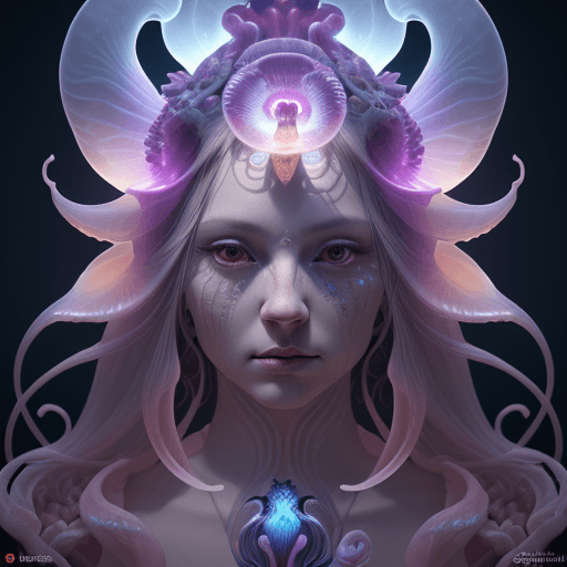 AI generated: Goddess close-up portrait ribcagel. jellyfish phoenix head, nautilus, orchid, skull, betta fish, bio...