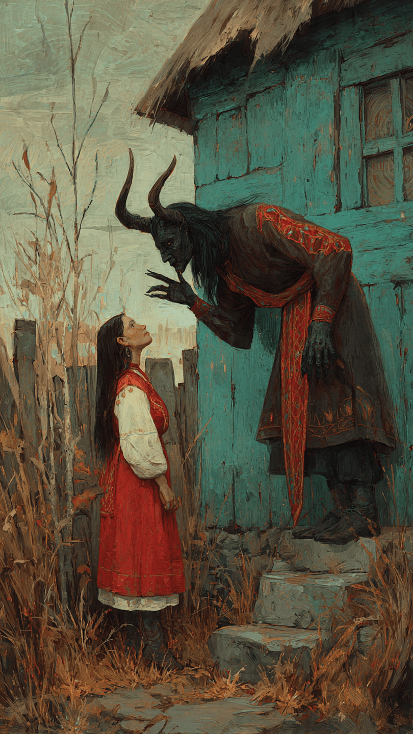 AI generated: ukrainian folklore dark fantasy art,evil demon, village female,gossip collector,slavic medival villa...