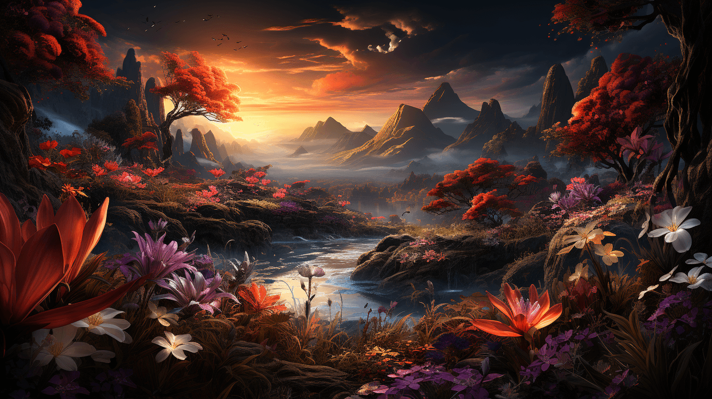 AI generated: ((masterpiece)), (best quality), (detailed), sunrise, cute mythical creatures flying, mountain, flow...