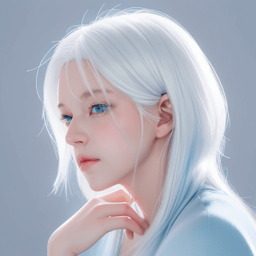 AI generated: anime female profile picture with white hair, blue eyes, and a serene expression. Include a soft pas...