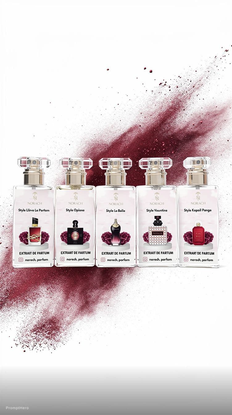 AI generated: a photo of 5 big perfumes with a vinous and white powder explosion on a white background --ar 2:3 --...