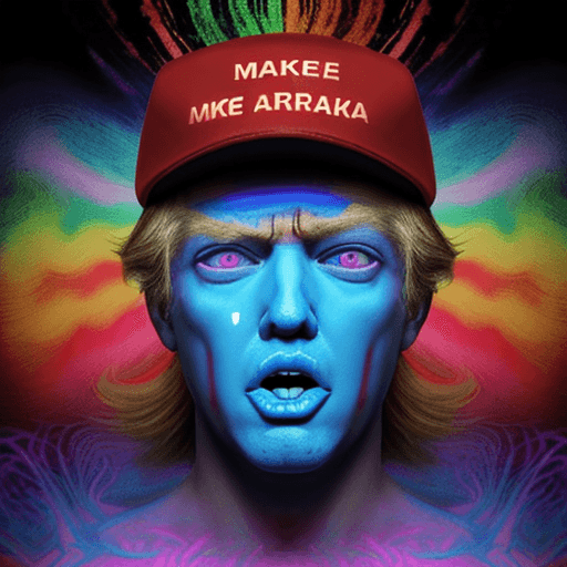 AI generated: donald trump  on a psychedelic trip with an open mouth and glowing eyes, with the make america great...